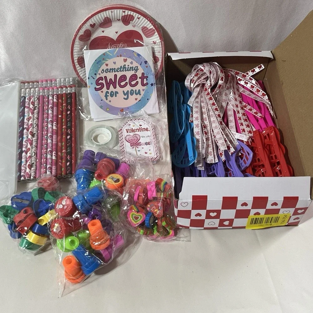 Teacher Valentine Classroom Party Supply Lot 24 Sets Glasses Pencil Eraser Ribbo